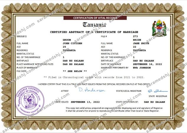 Tanzania marriage certificate Word and PDF template